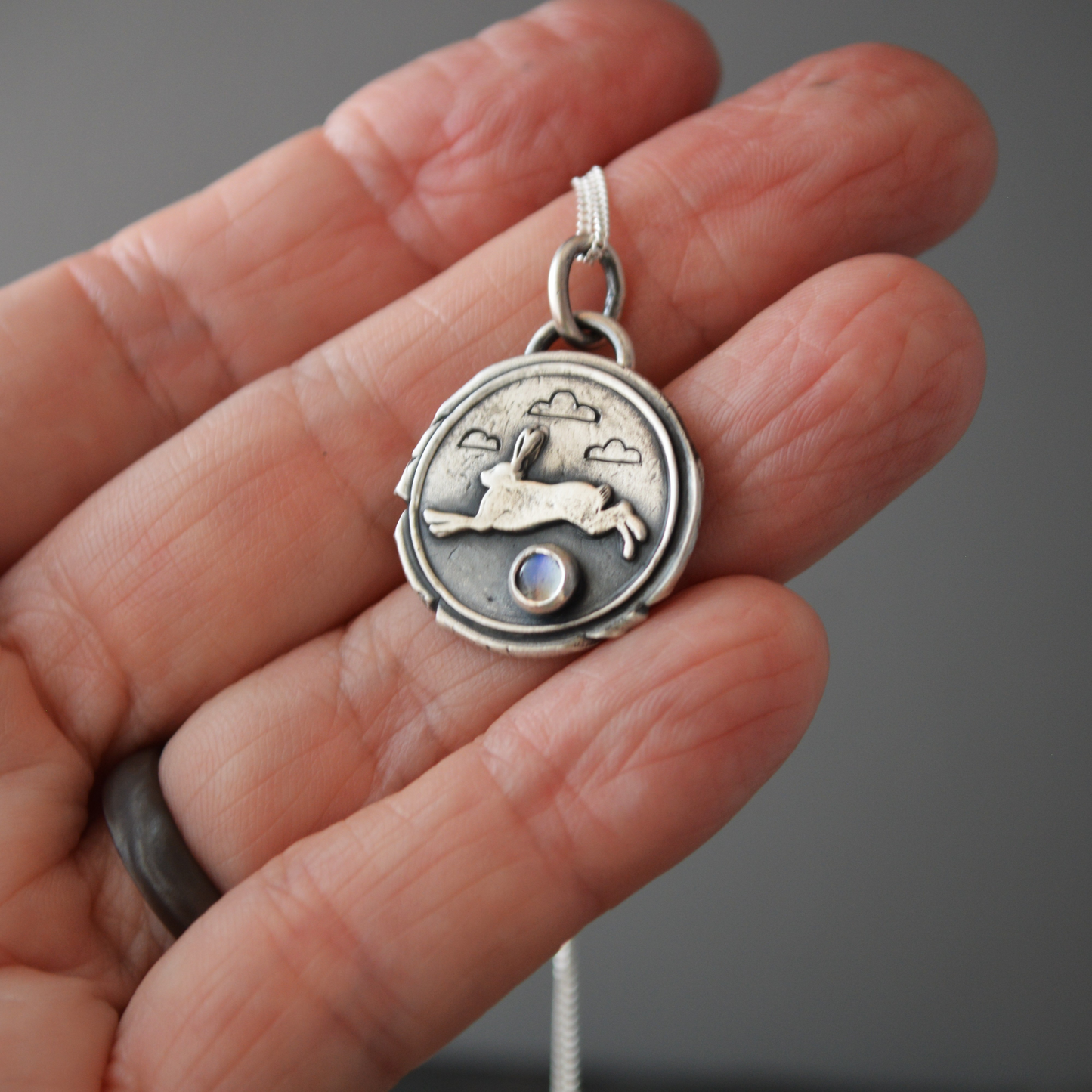 Rabbit Necklace with Rainbow Moonstone