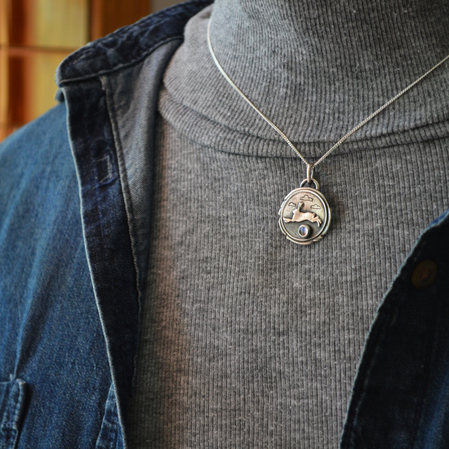 Rabbit Necklace with Rainbow Moonstone