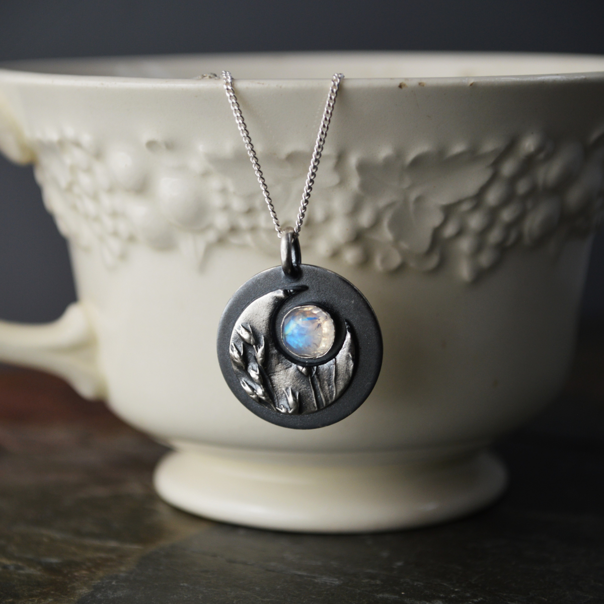 Crescent Moon Necklace, Switchgrass and Moonstone