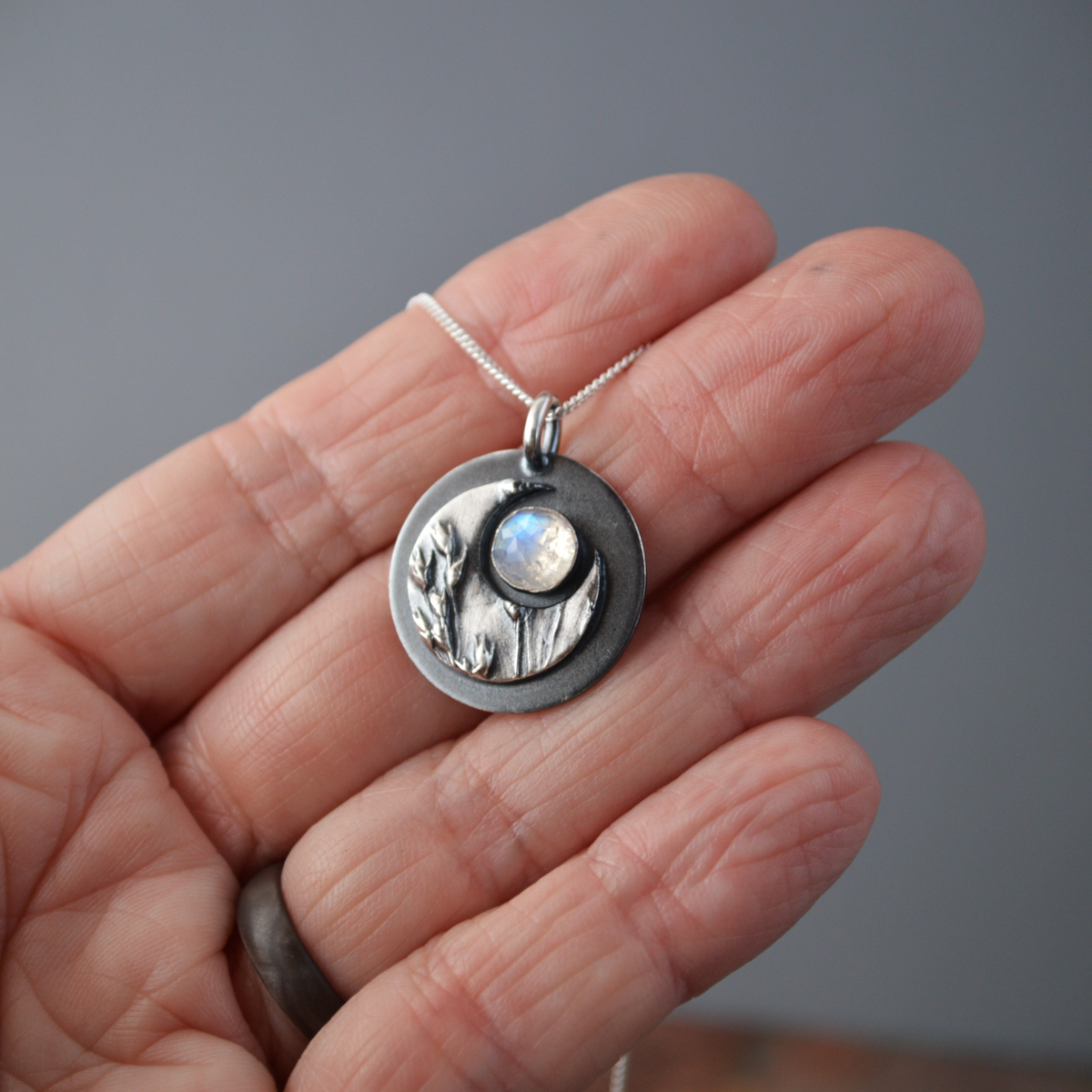 Crescent Moon Necklace, Switchgrass and Moonstone