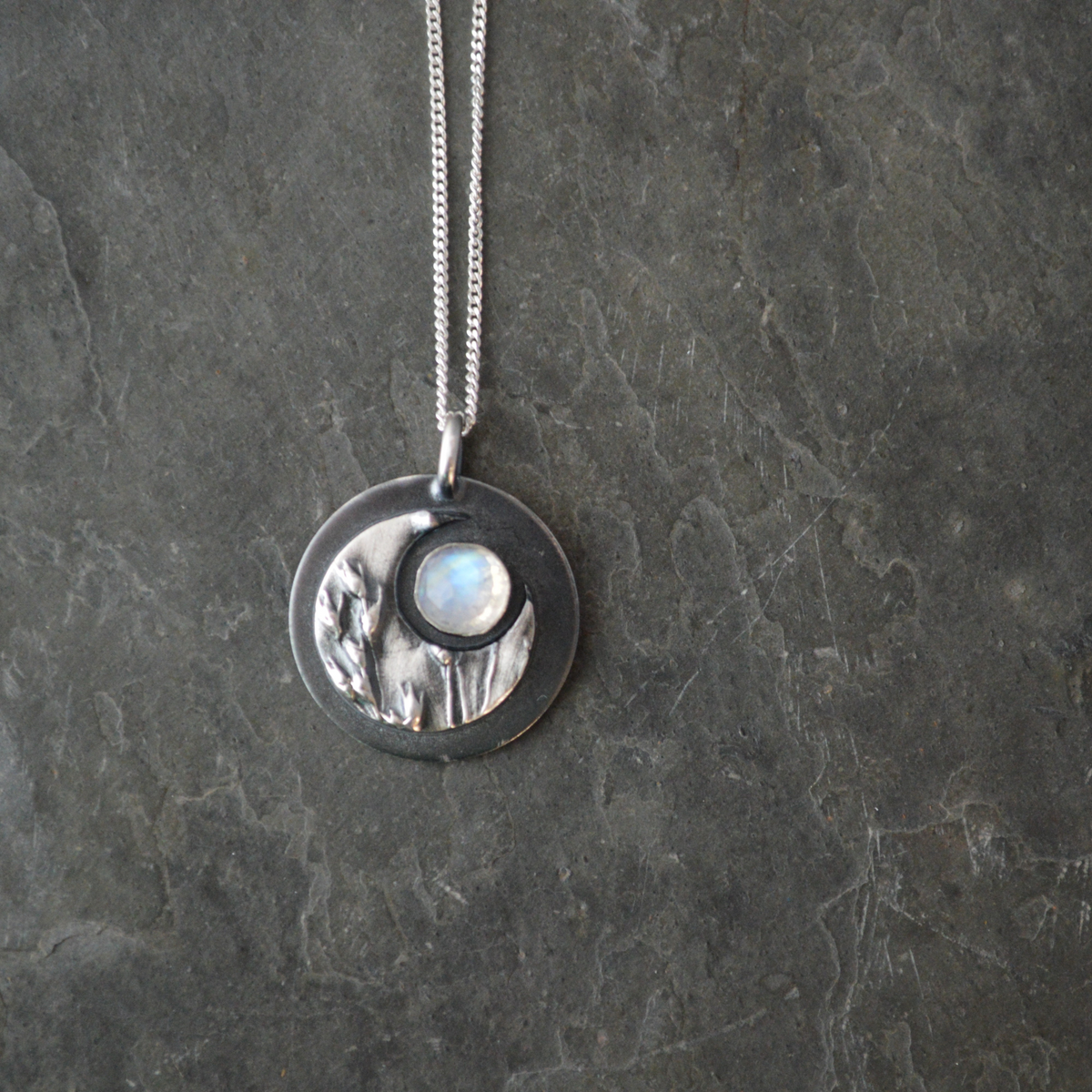 Crescent Moon Necklace, Switchgrass and Moonstone