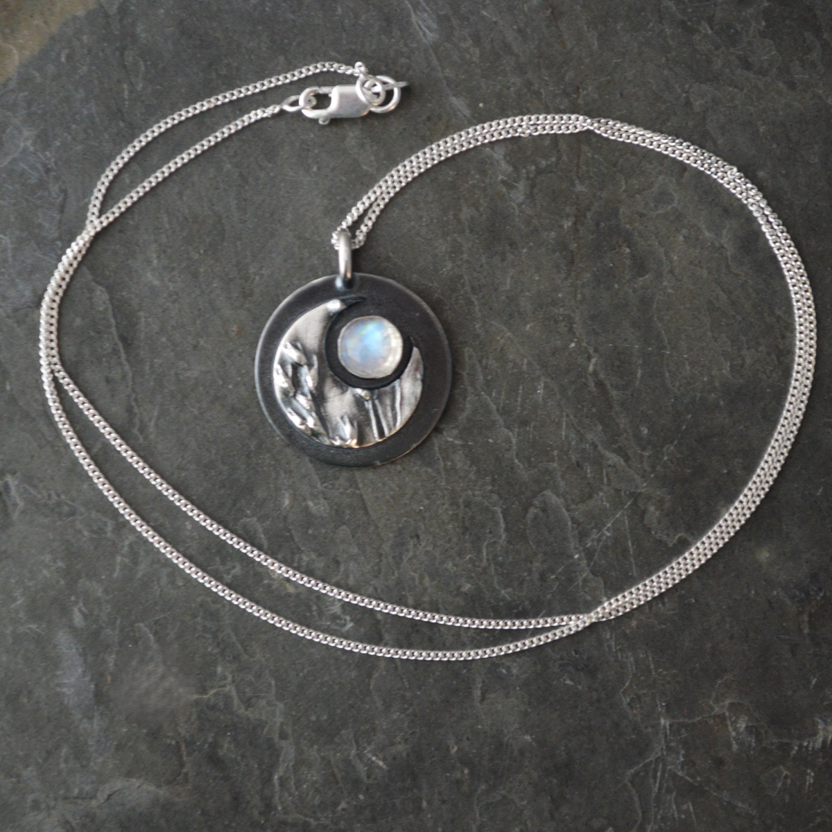 Crescent Moon Necklace, Switchgrass and Moonstone