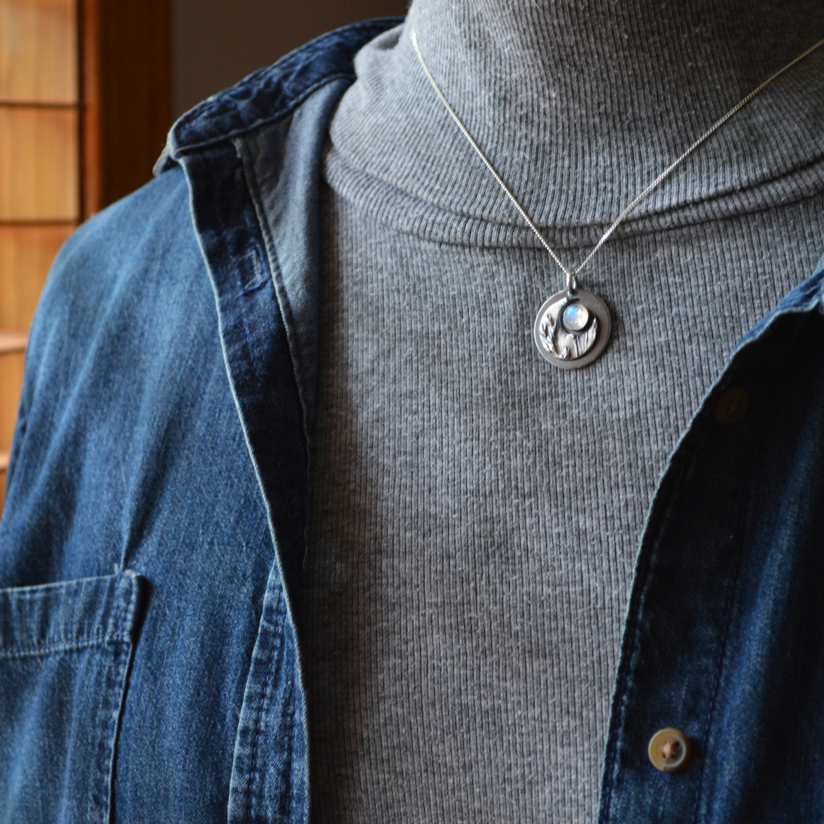 Crescent Moon Necklace, Switchgrass and Moonstone
