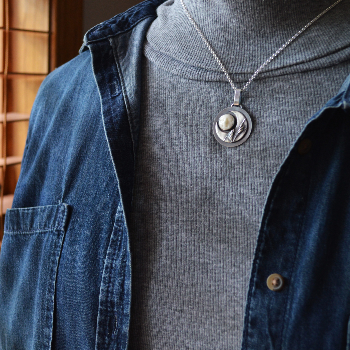 Crescent Moon Necklace, Buffalograss and Bone