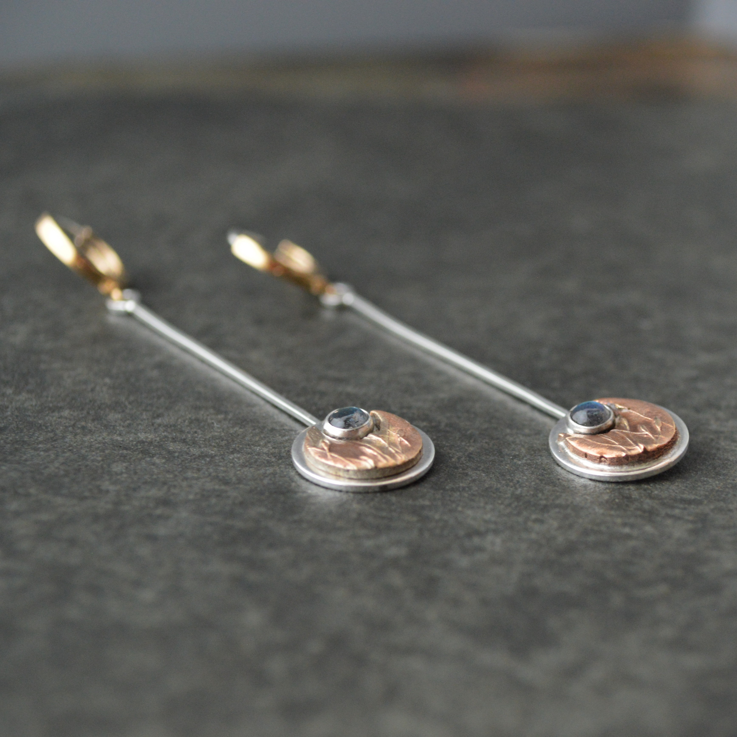 Mixed Metal Moon Earrings with Labradorite