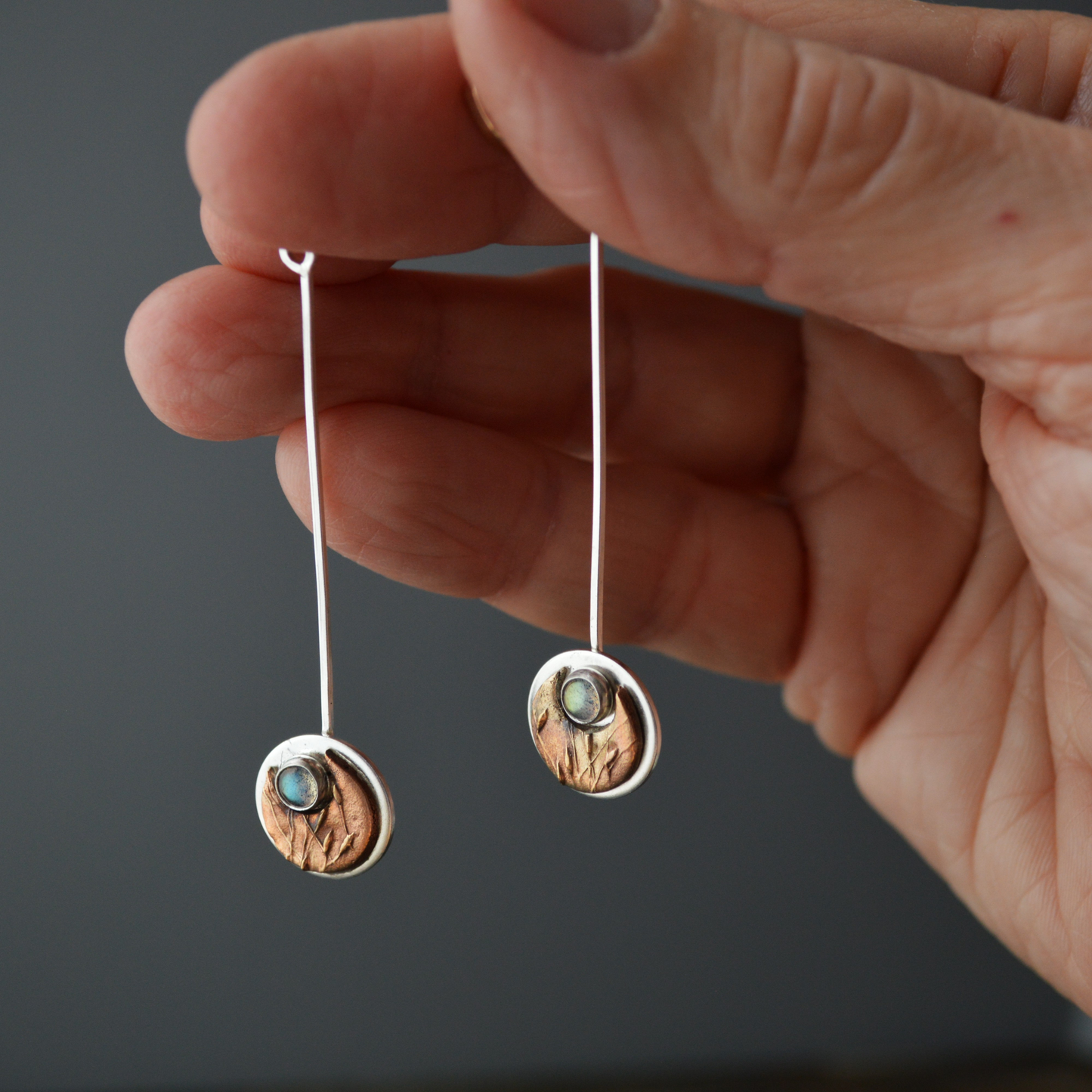 Mixed Metal Moon Earrings with Labradorite