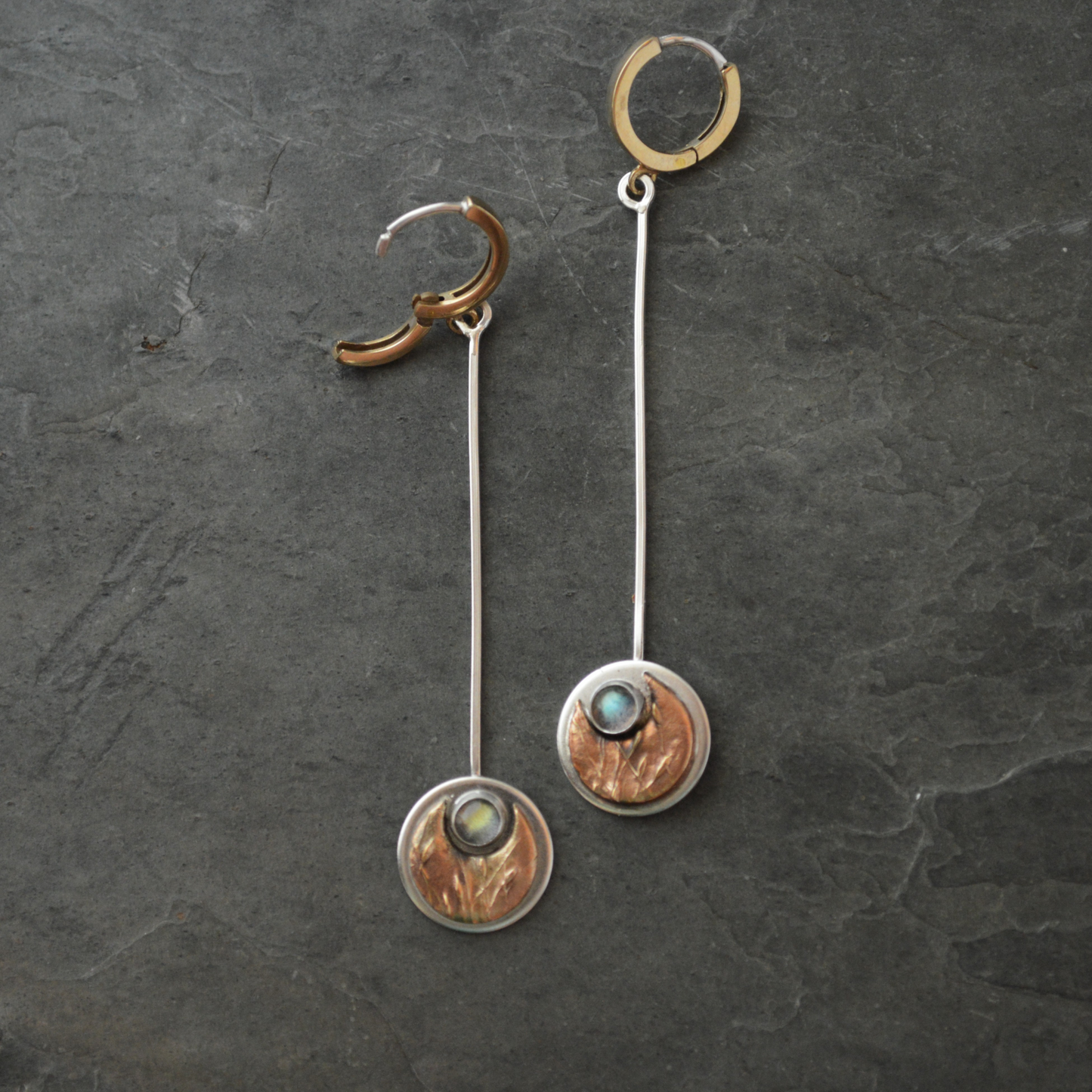 Mixed Metal Moon Earrings with Labradorite