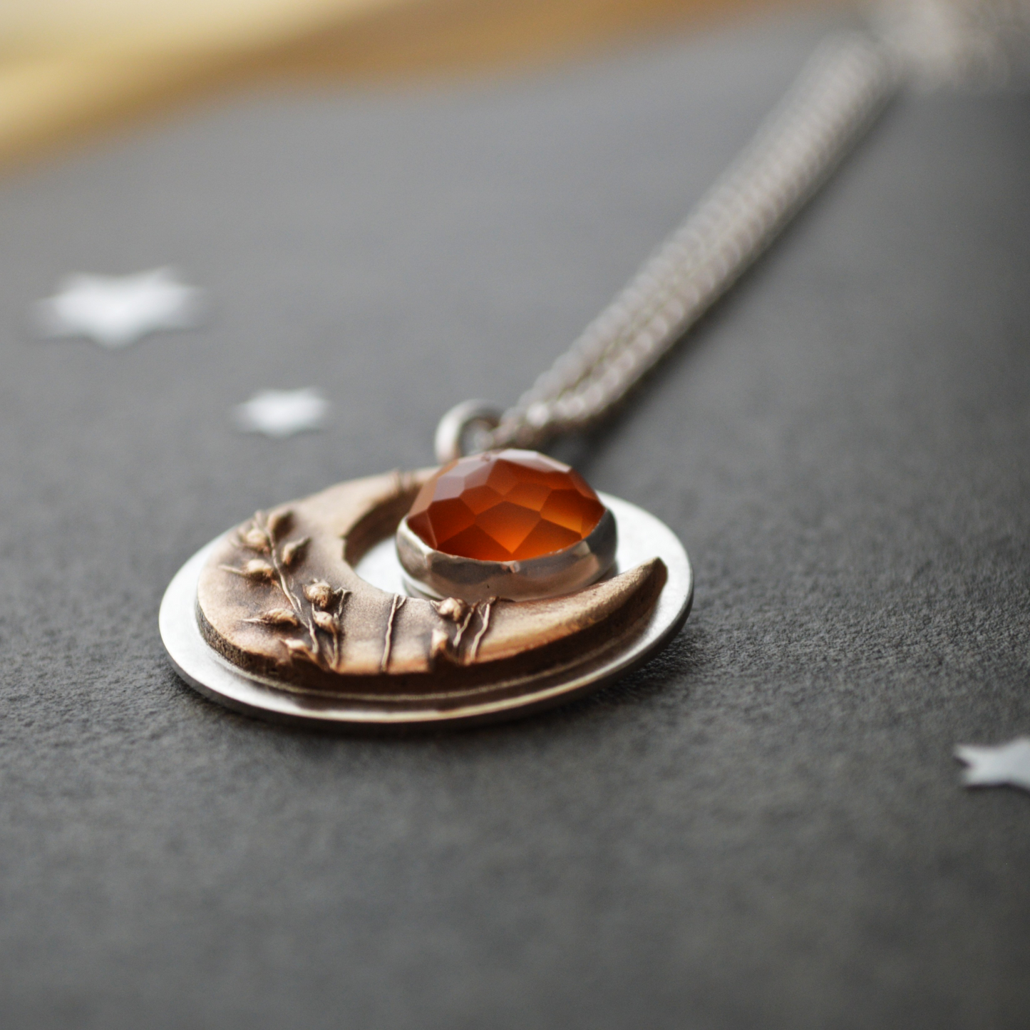 Bronze Moon Necklace, Switchgrass and Carnelian