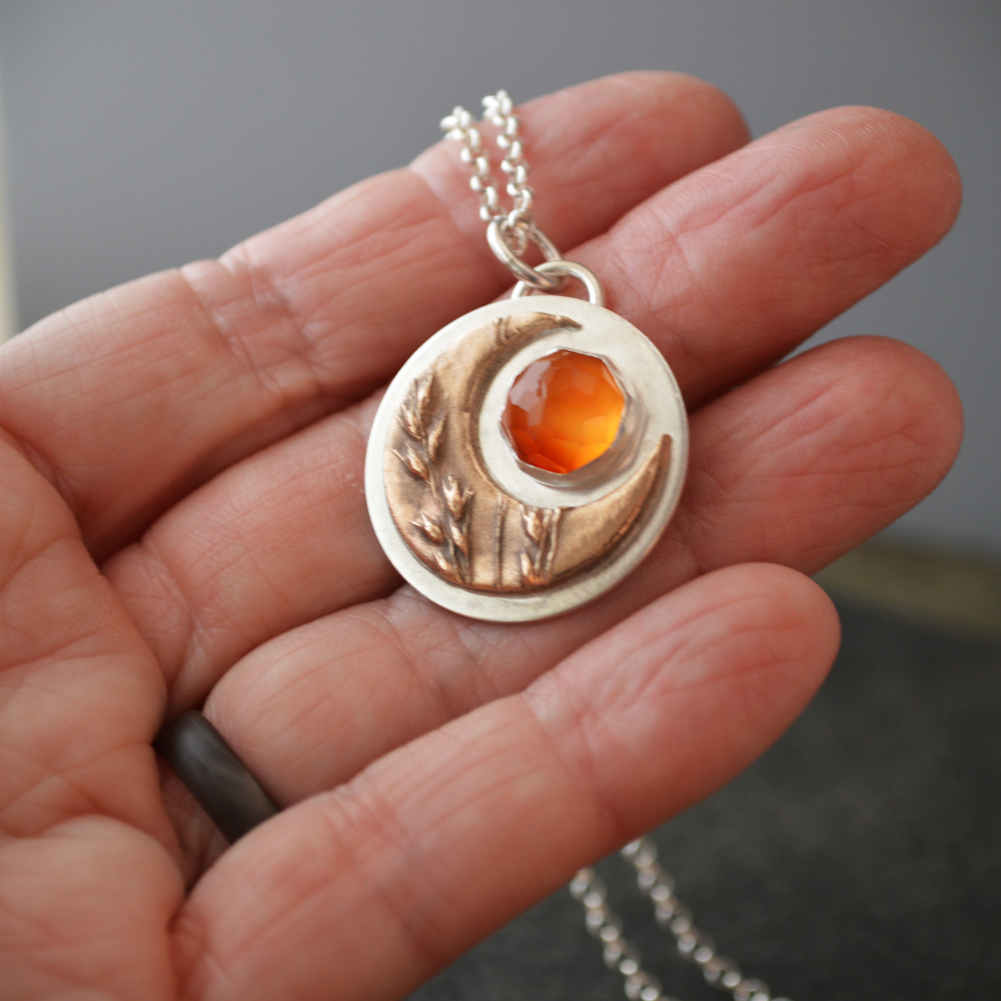 Bronze Moon Necklace, Switchgrass and Carnelian