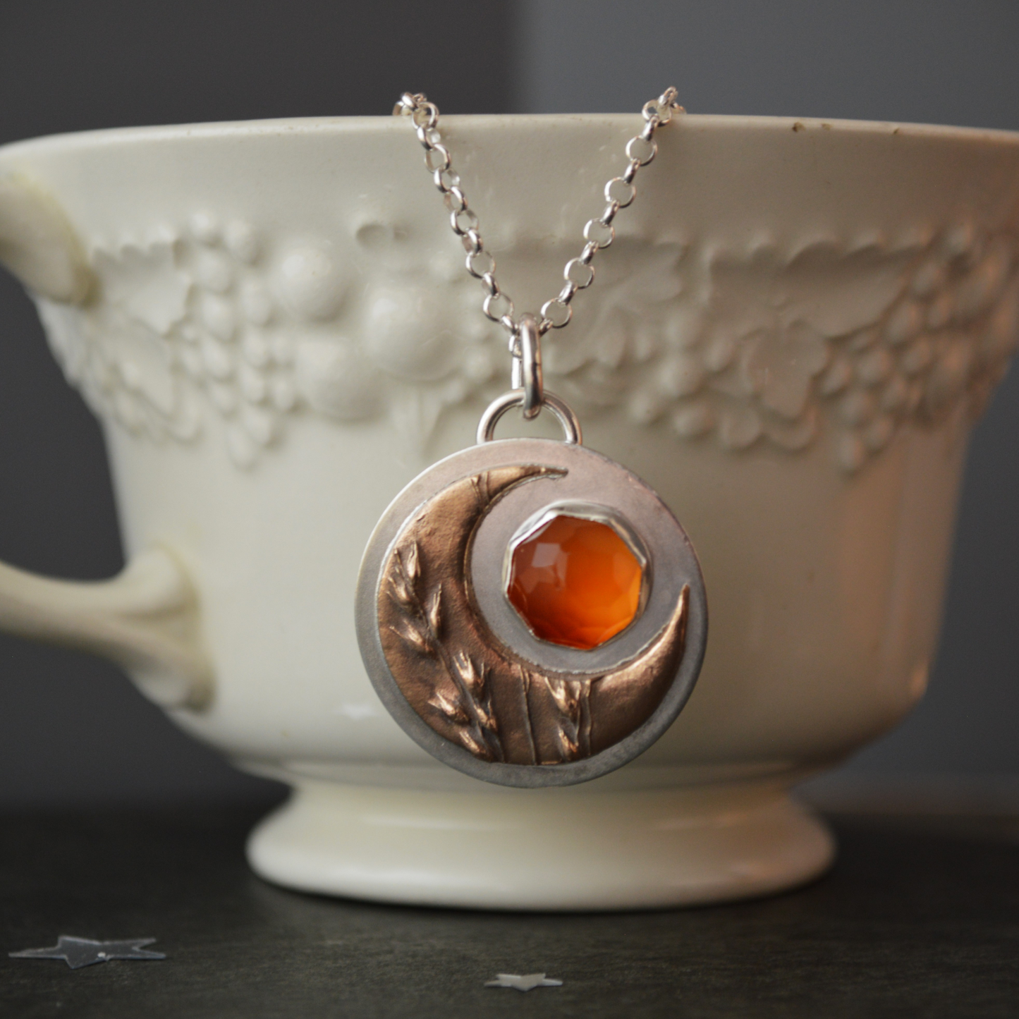 Bronze Moon Necklace, Switchgrass and Carnelian