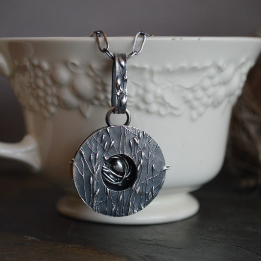 Silver Locket Necklace with Bird Nest