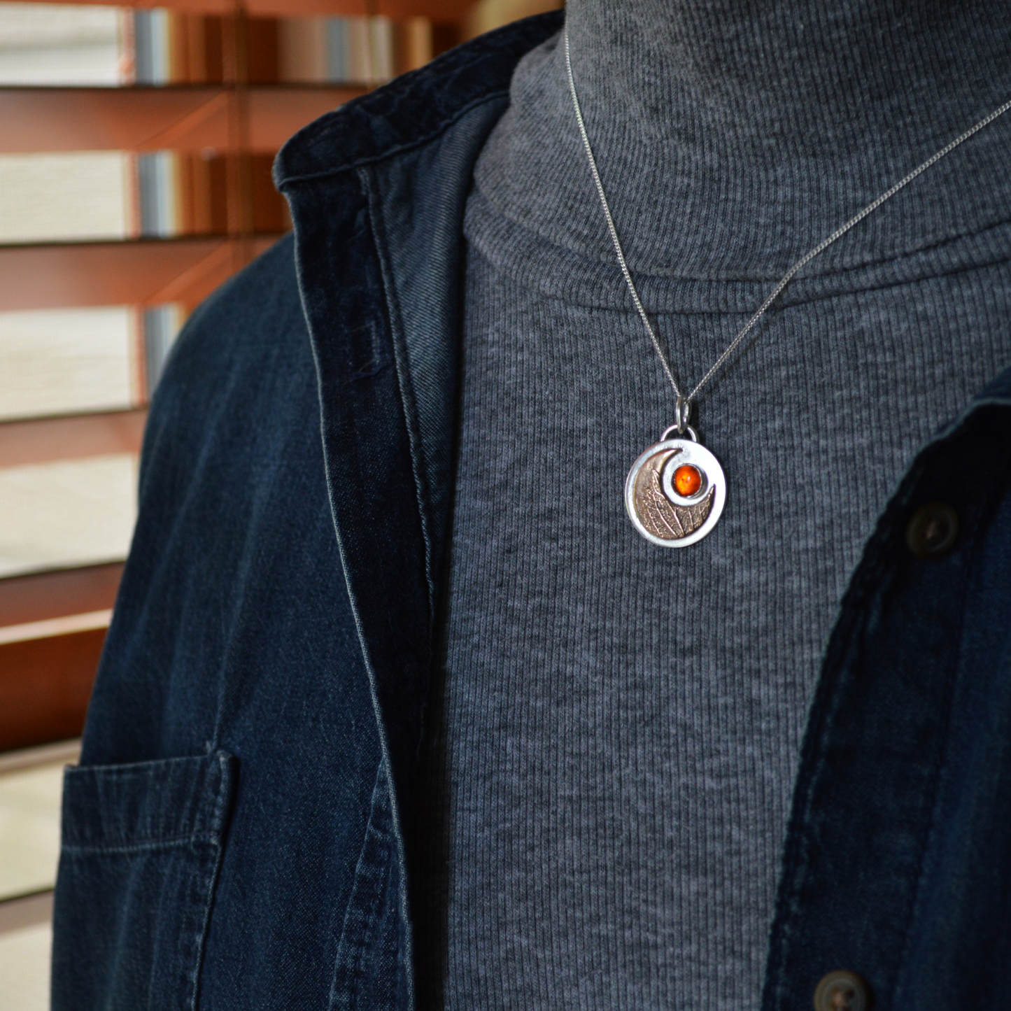 Bronze Moon Necklace, Vervain Leaf and Baltic Amber