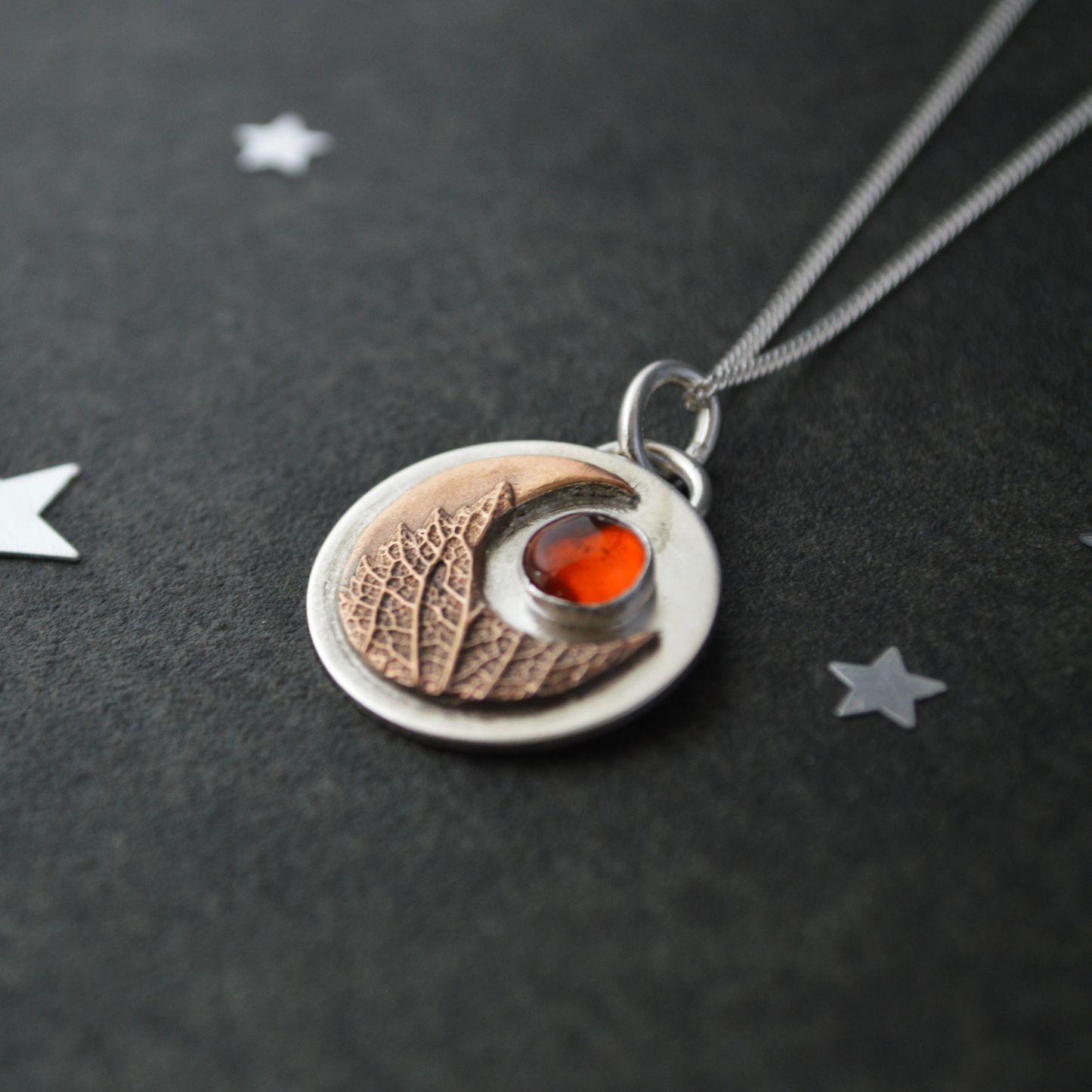 Bronze Moon Necklace, Vervain Leaf and Baltic Amber