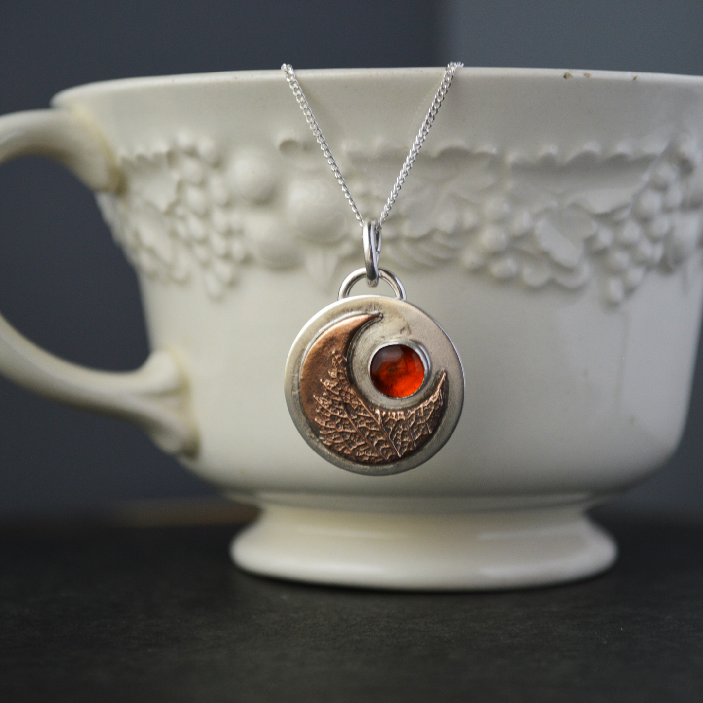 Bronze Moon Necklace, Vervain Leaf and Baltic Amber