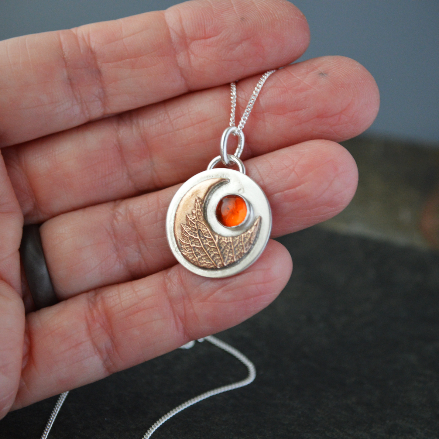Bronze Moon Necklace, Vervain Leaf and Baltic Amber