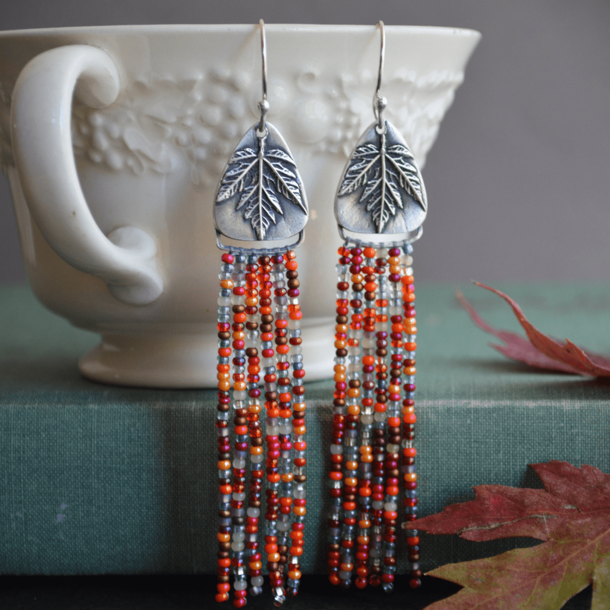 Beaded Earrings, Maple Leaf in Fine Silver - Gayle Dowell