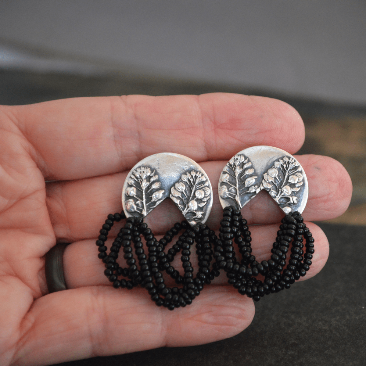Beaded Stud Earrings, Silver Peppergrass - Gayle Dowell