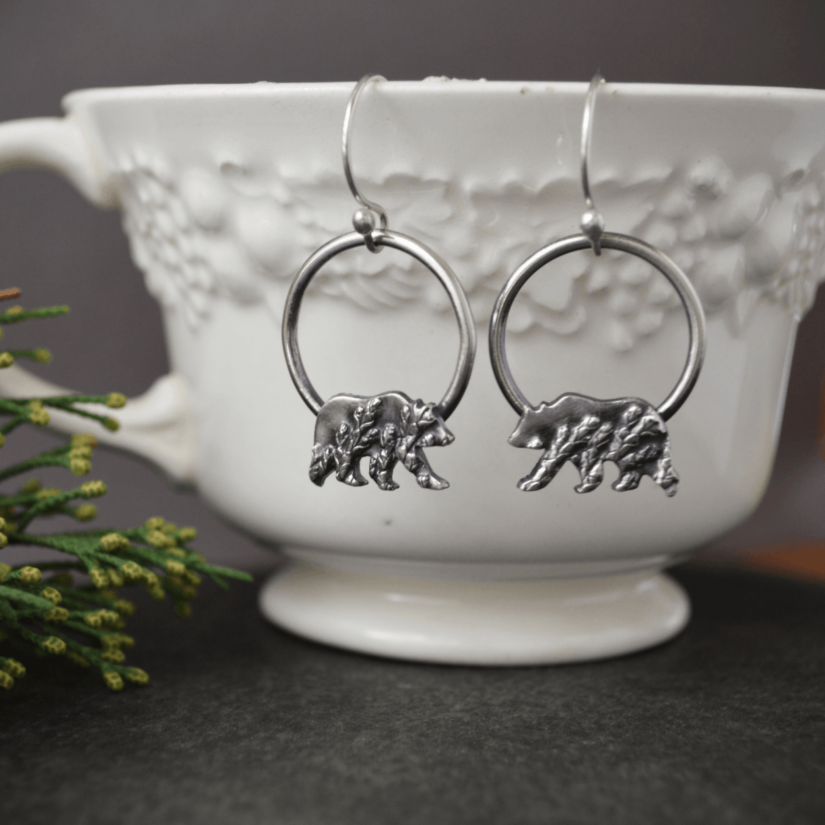 Bear Hoop Silver Earrings, Cedar Texture - Gayle Dowell