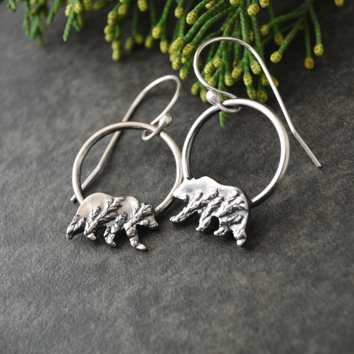 Bear Hoop Silver Earrings, Cedar Texture - Gayle Dowell