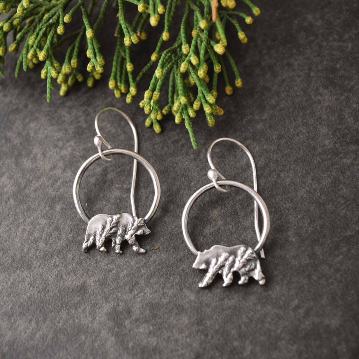 Bear Hoop Silver Earrings, Cedar Texture - Gayle Dowell