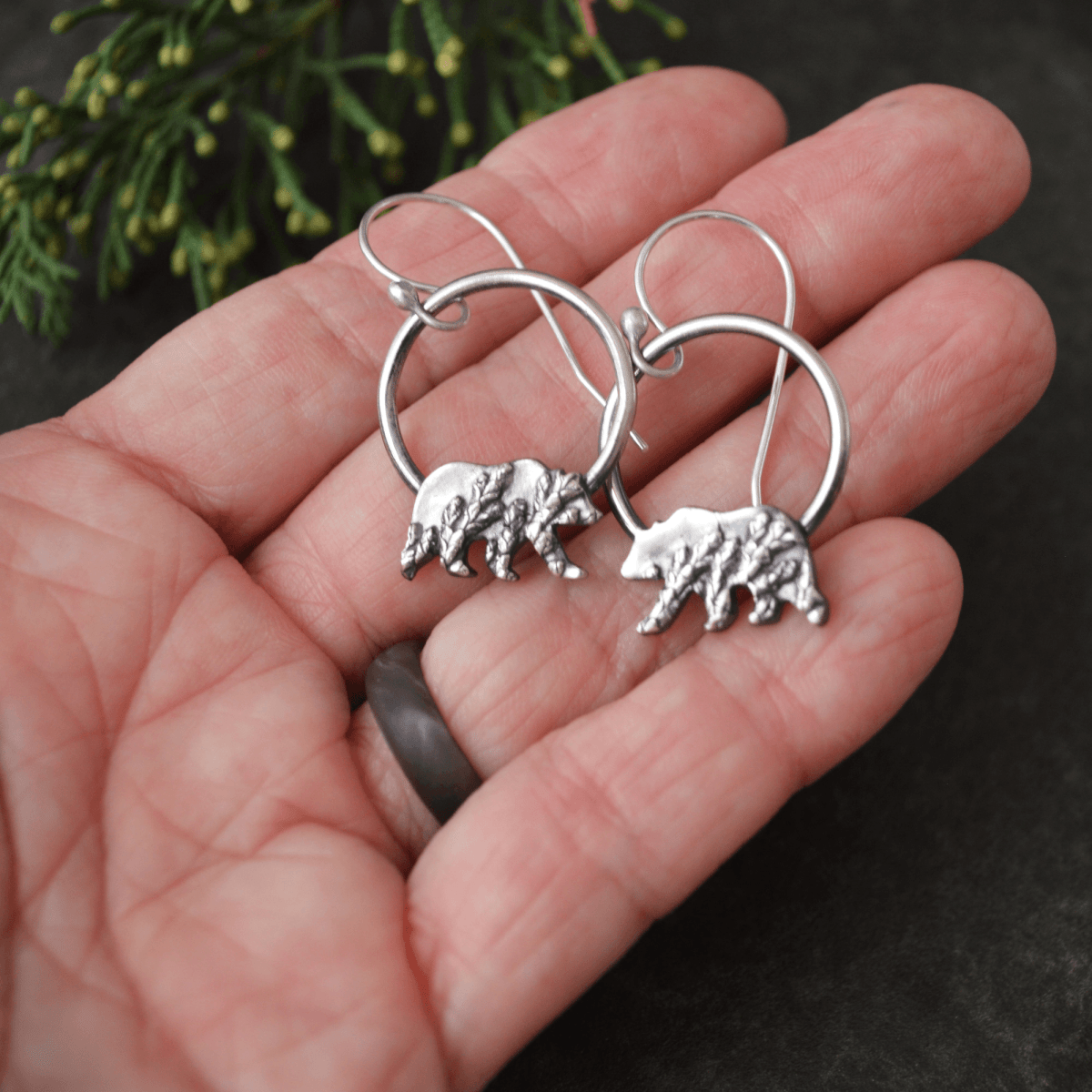 Bear Hoop Silver Earrings, Cedar Texture - Gayle Dowell
