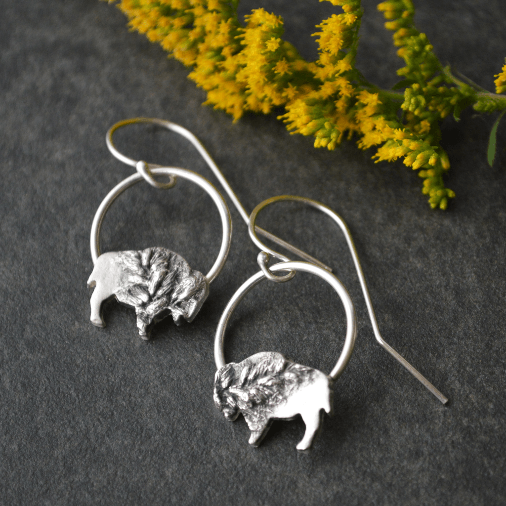 Bison Hoop Silver Earrings, Goldenrod Texture - Gayle Dowell
