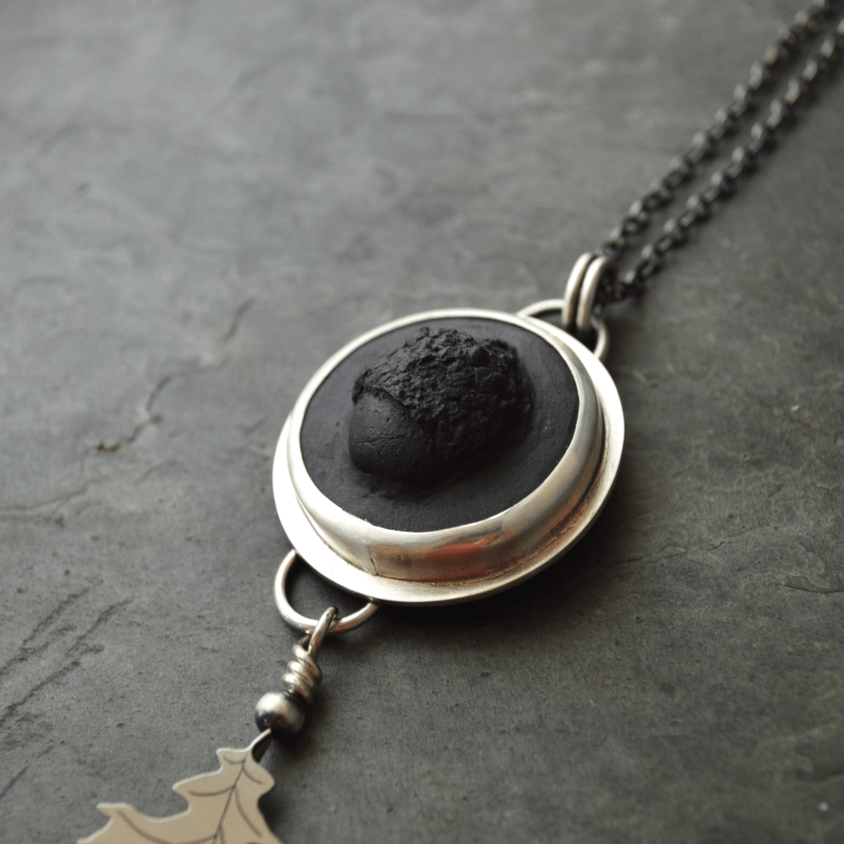 Black Porcelain Acorn and Sterling Oak Leaf Necklace - Gayle Dowell