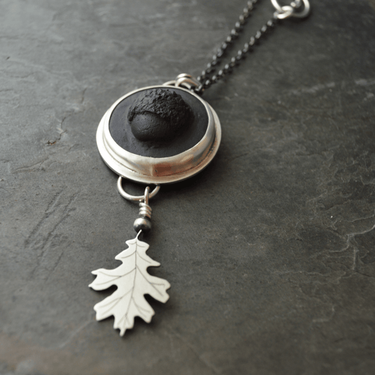 Black Porcelain Acorn and Sterling Oak Leaf Necklace - Gayle Dowell