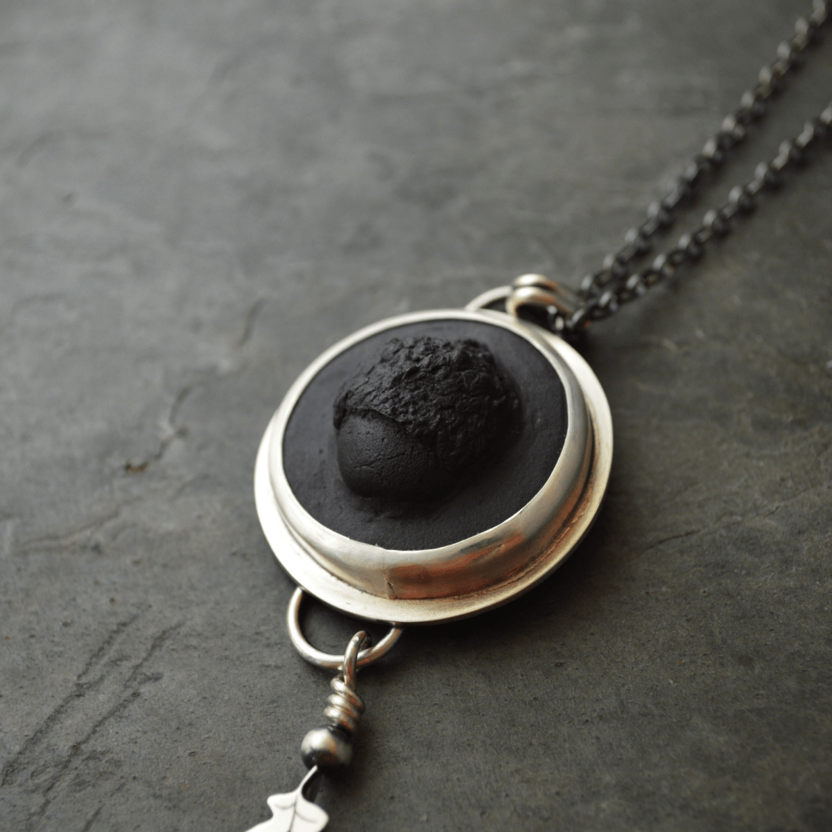 Black Porcelain Acorn and Sterling Oak Leaf Necklace - Gayle Dowell