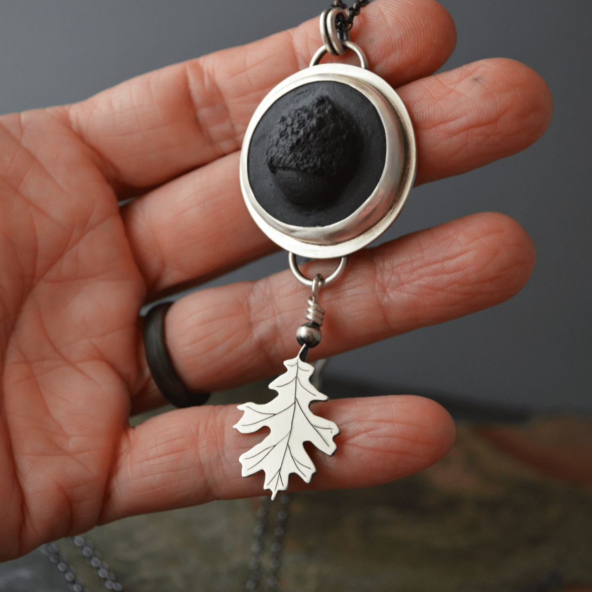 Black Porcelain Acorn and Sterling Oak Leaf Necklace - Gayle Dowell