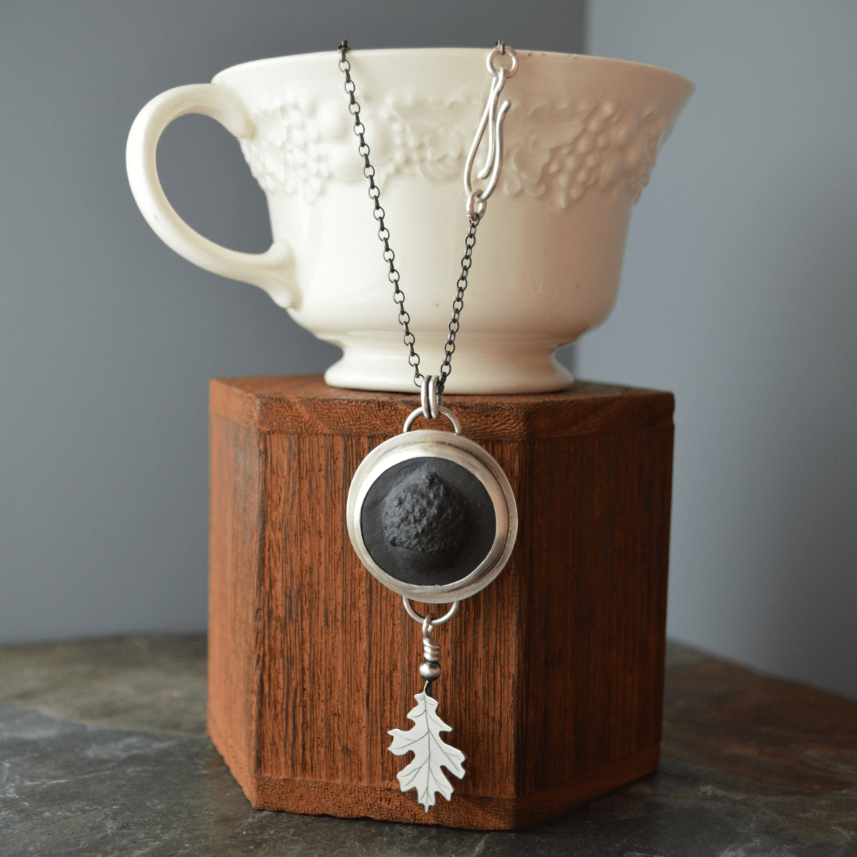Black Porcelain Acorn and Sterling Oak Leaf Necklace - Gayle Dowell