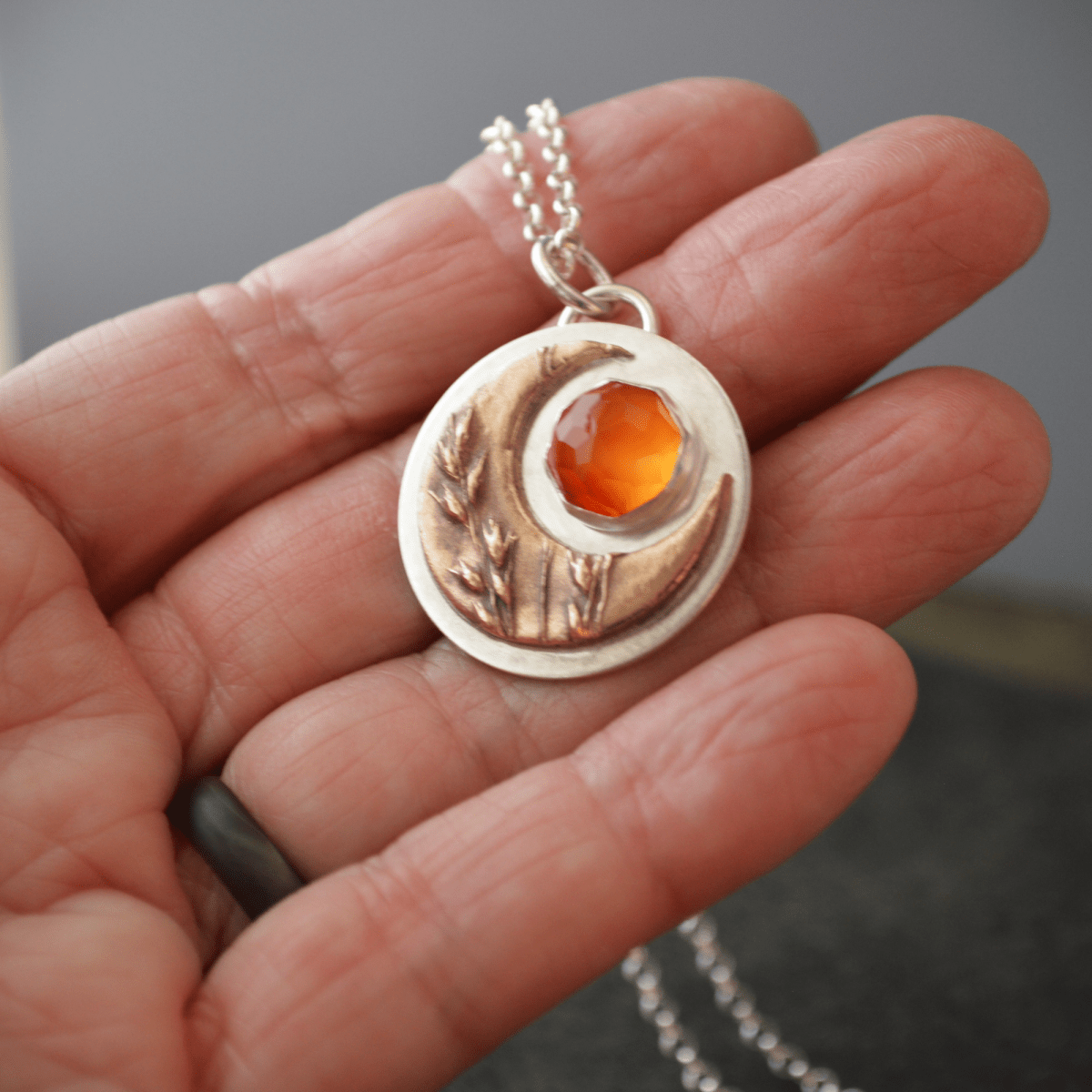 Bronze Moon Necklace, Switchgrass and Carnelian - Gayle Dowell