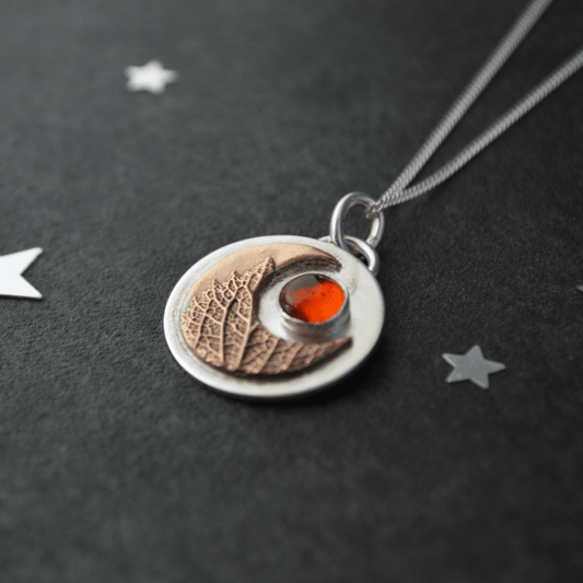 Bronze Moon Necklace, Vervain Leaf and Baltic Amber - Gayle Dowell