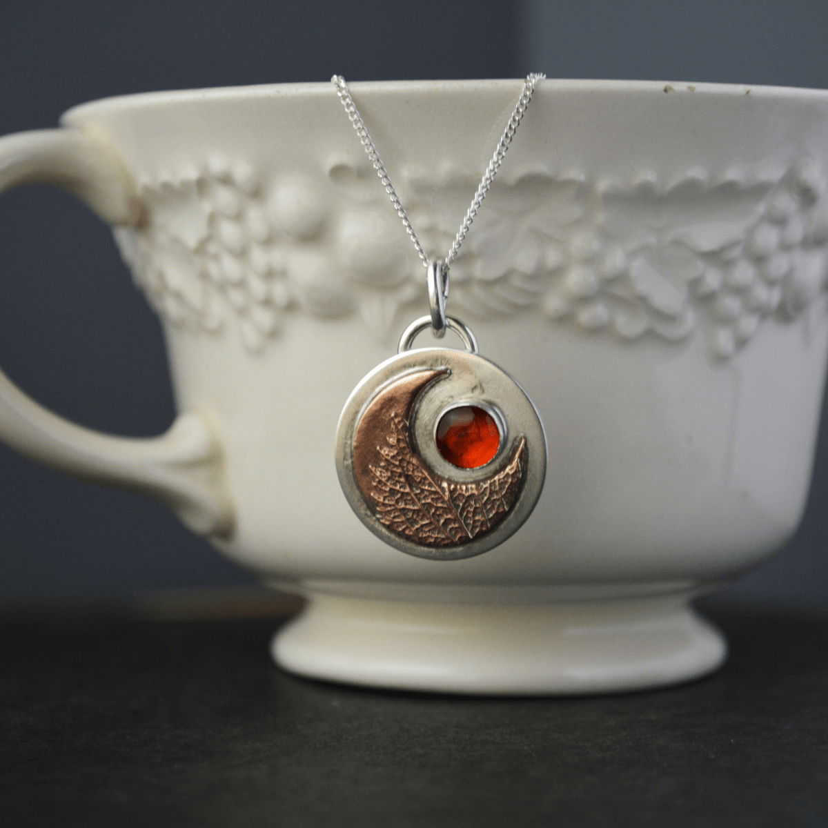 Bronze Moon Necklace, Vervain Leaf and Baltic Amber - Gayle Dowell