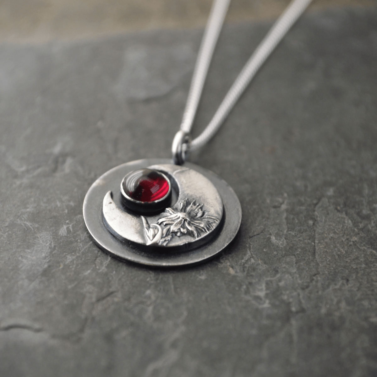 Crescent Moon Necklace, Aster Remnants with Garnet - Gayle Dowell