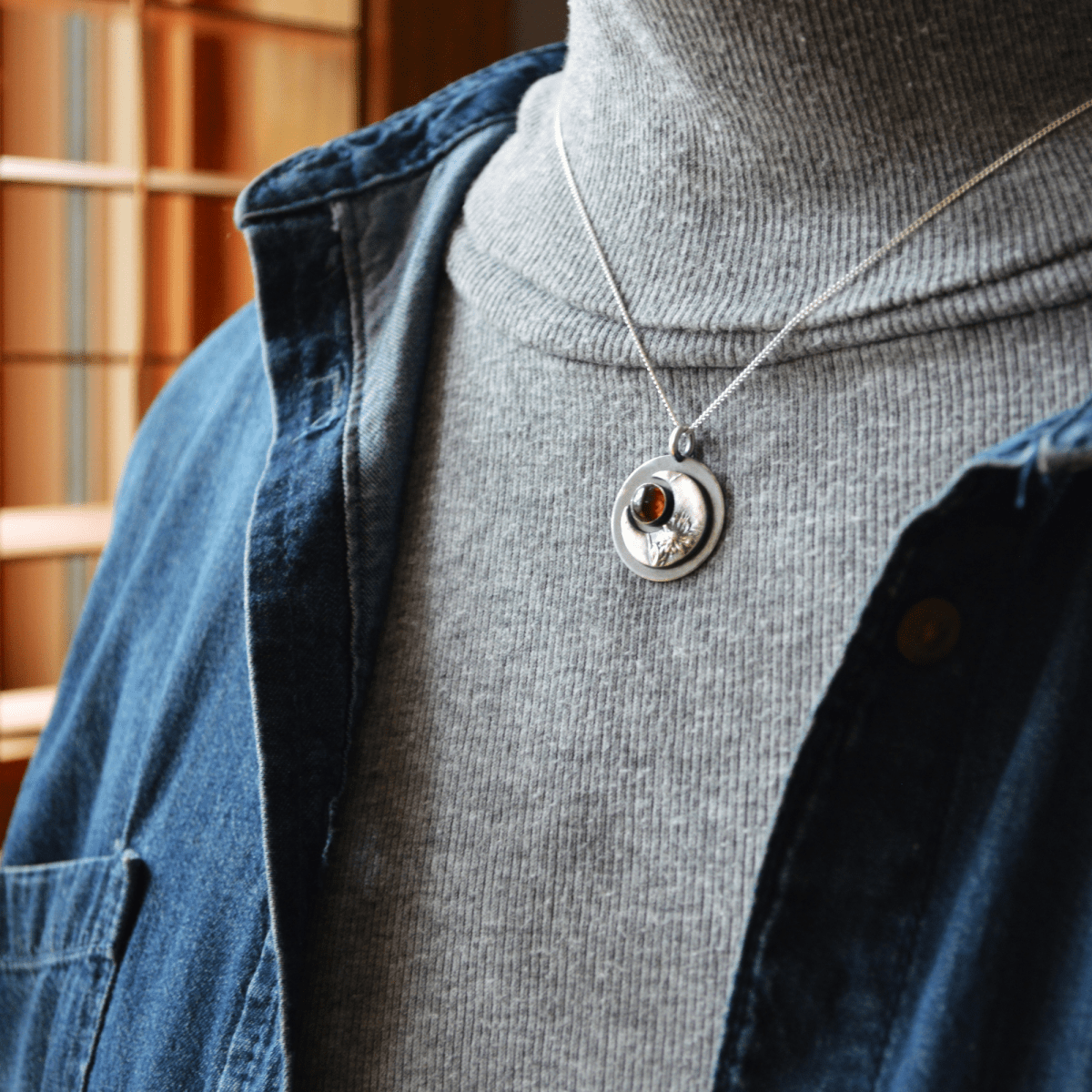 Crescent Moon Necklace, Aster Remnants with Garnet - Gayle Dowell