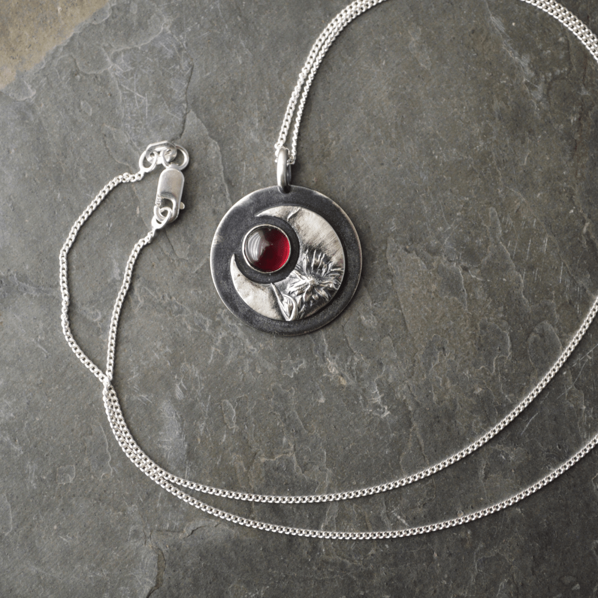 Crescent Moon Necklace, Aster Remnants with Garnet - Gayle Dowell