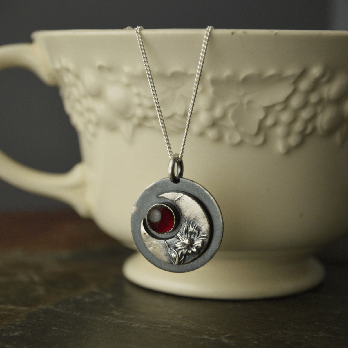 Crescent Moon Necklace, Aster Remnants with Garnet - Gayle Dowell