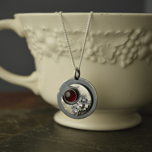 Crescent Moon Necklace, Aster Remnants with Garnet - Gayle Dowell