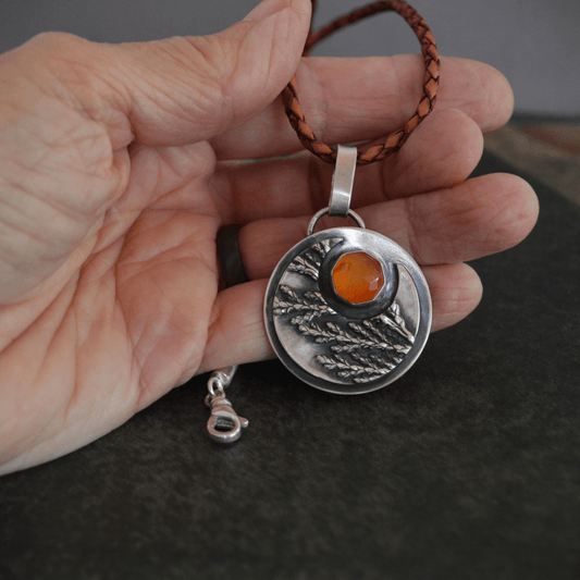 Crescent Moon Necklace, Cedar and Carnelian - Gayle Dowell