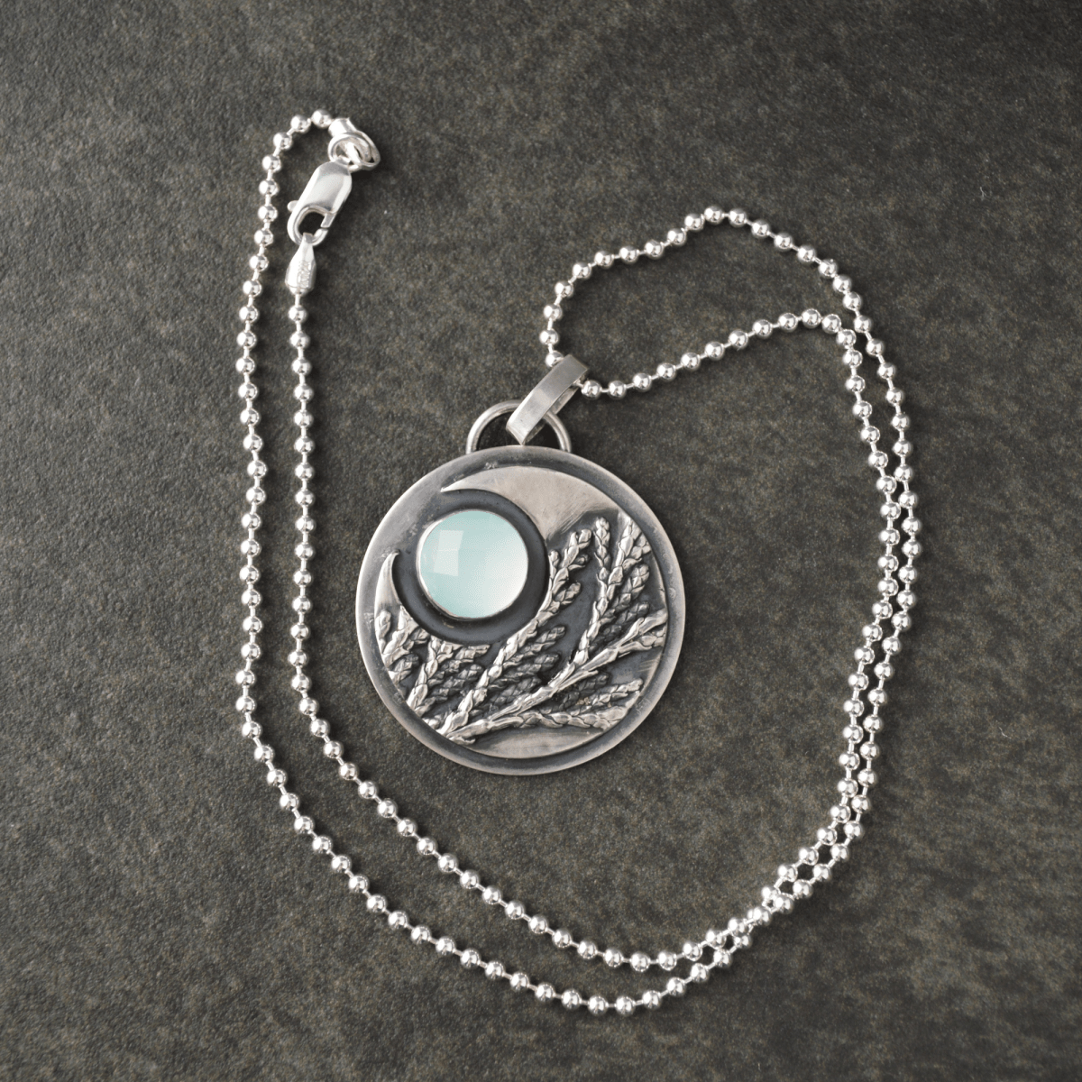 Crescent Moon Necklace, Cedar and Chalcedony - Gayle Dowell