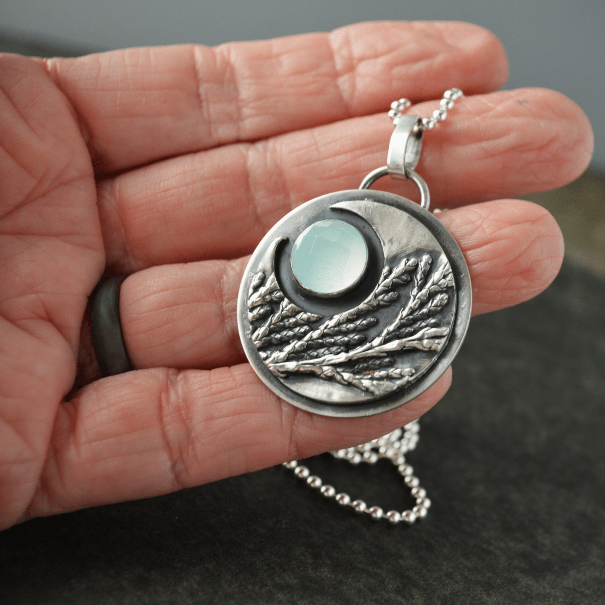 Crescent Moon Necklace, Cedar and Chalcedony - Gayle Dowell