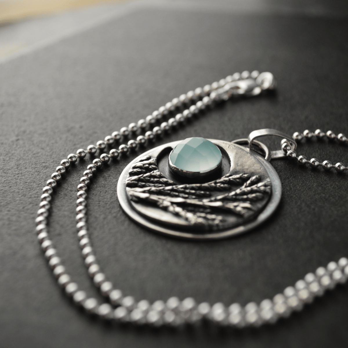 Crescent Moon Necklace, Cedar and Chalcedony - Gayle Dowell