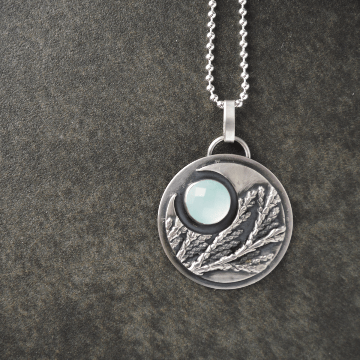 Crescent Moon Necklace, Cedar and Chalcedony - Gayle Dowell
