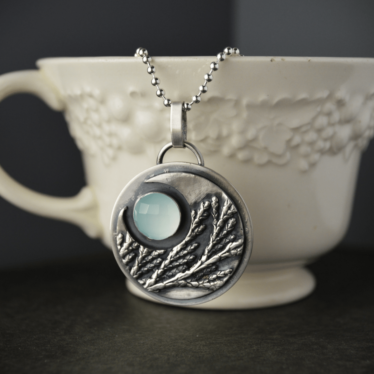 Crescent Moon Necklace, Cedar and Chalcedony - Gayle Dowell