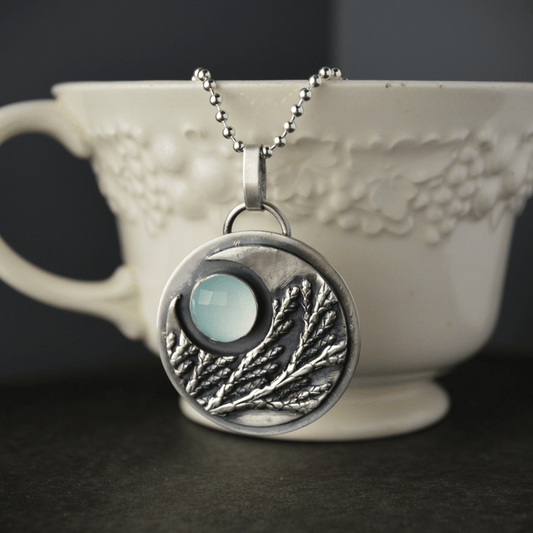 Crescent Moon Necklace, Cedar and Chalcedony - Gayle Dowell