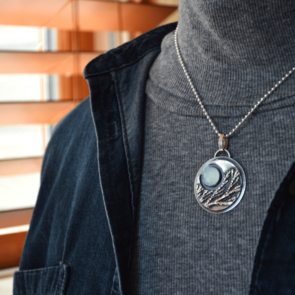 Crescent Moon Necklace, Cedar and Chalcedony - Gayle Dowell