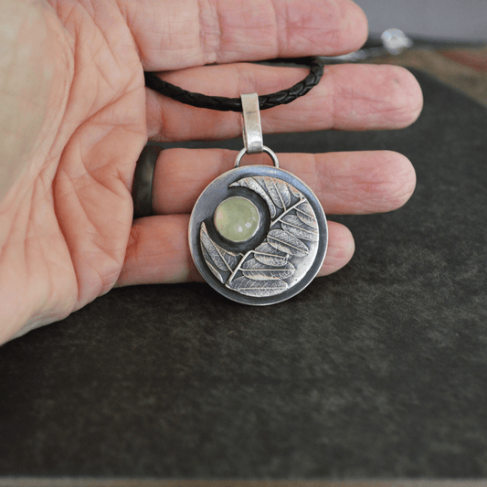 Crescent Moon Necklace, Leadplant and Prehnite - Gayle Dowell