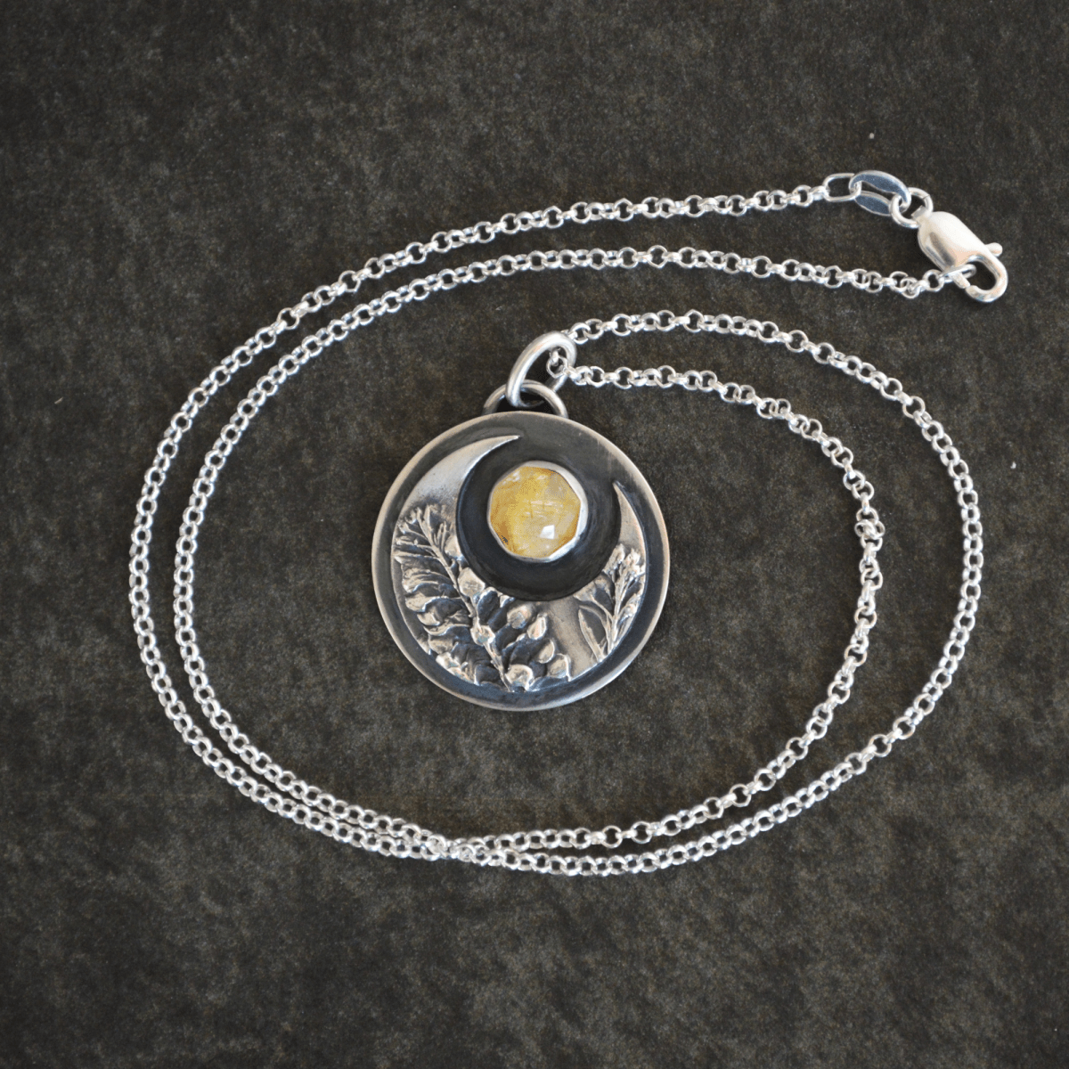 Crescent Moon Necklace, Peppergrass and Rutilated Quartz - Gayle Dowell