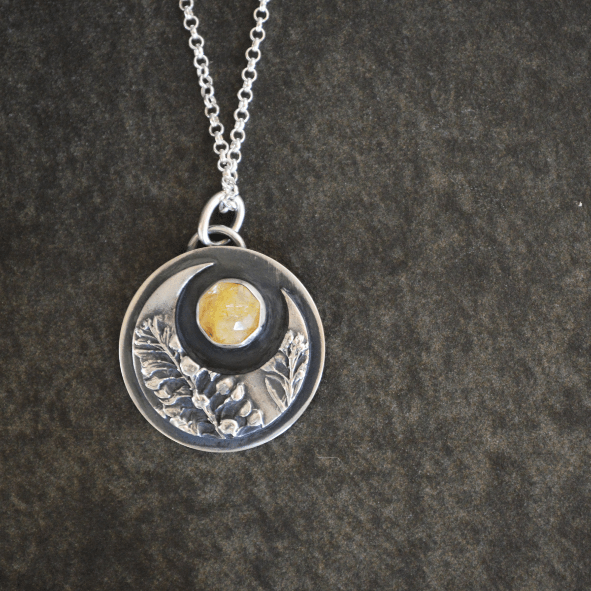 Crescent Moon Necklace, Peppergrass and Rutilated Quartz - Gayle Dowell